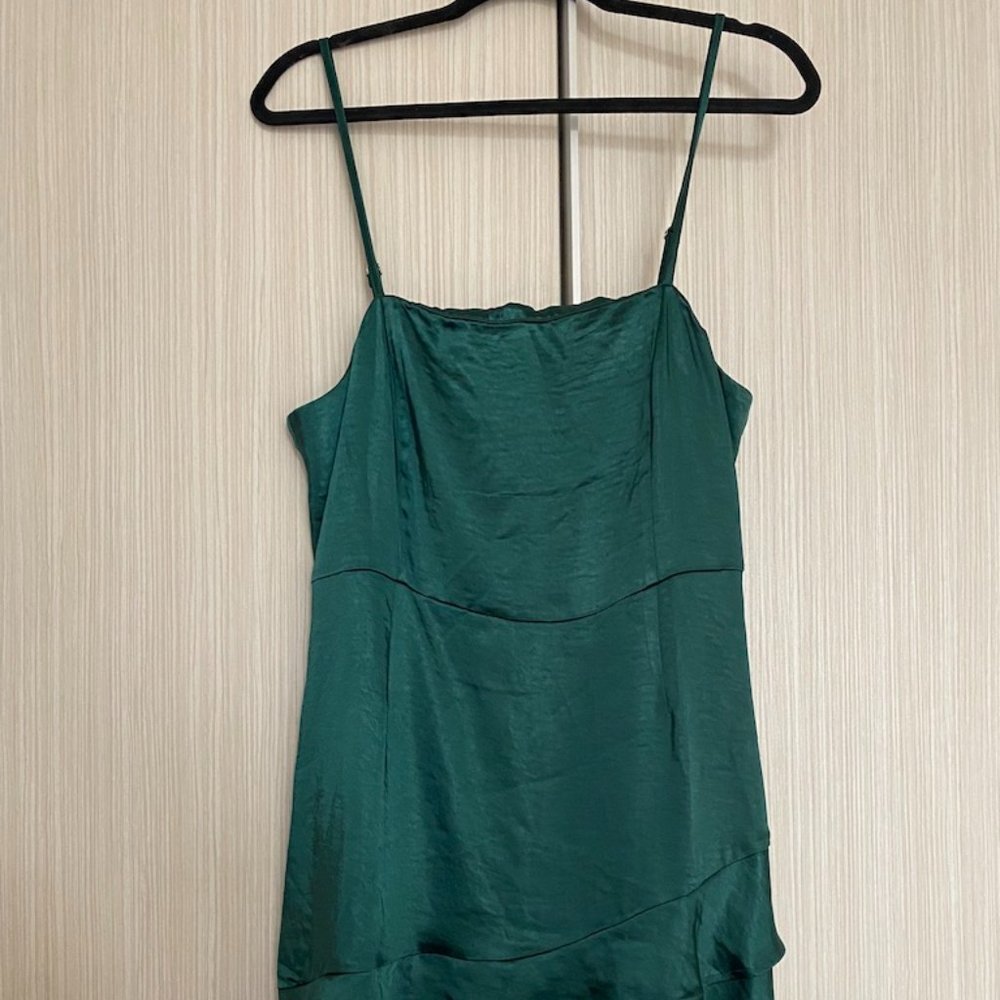 "Emerald Green Satin Ruffled Mini Dress"